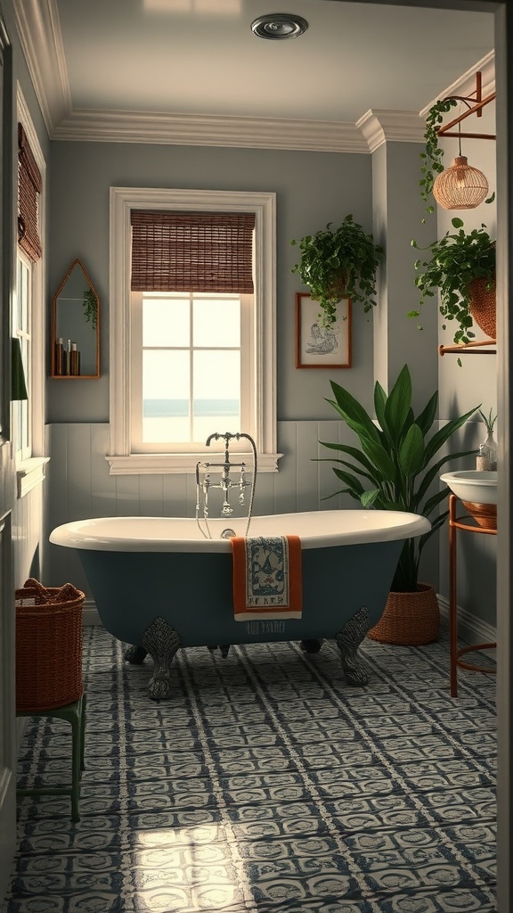 A vintage-inspired bathroom featuring a blue clawfoot bathtub, patterned tiles, plants, and natural light.