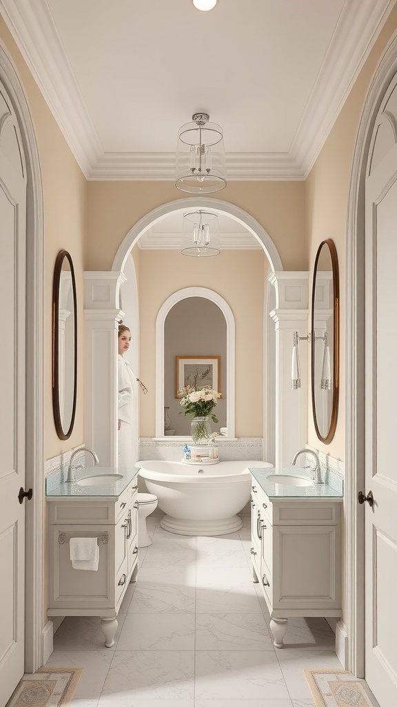 A beautifully decorated transitional bathroom featuring arched doorways and mirrors with soft lighting and elegant fixtures.