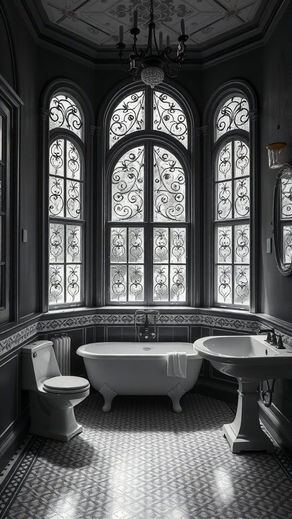 A vintage bathroom with arched windows, a clawfoot tub, and a monochrome color scheme.