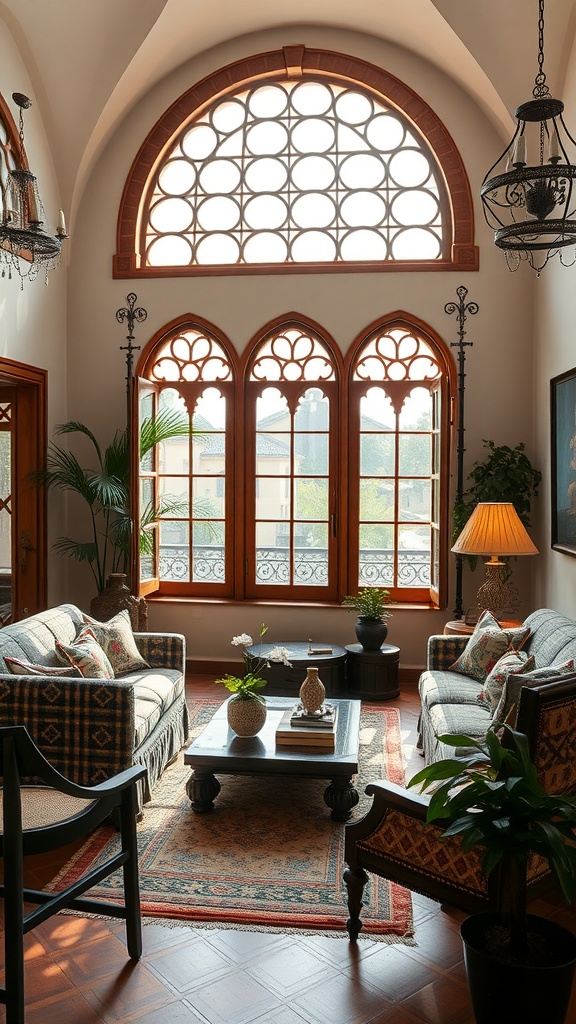 A cozy living room featuring arched windows, eclectic decor, and warm lighting