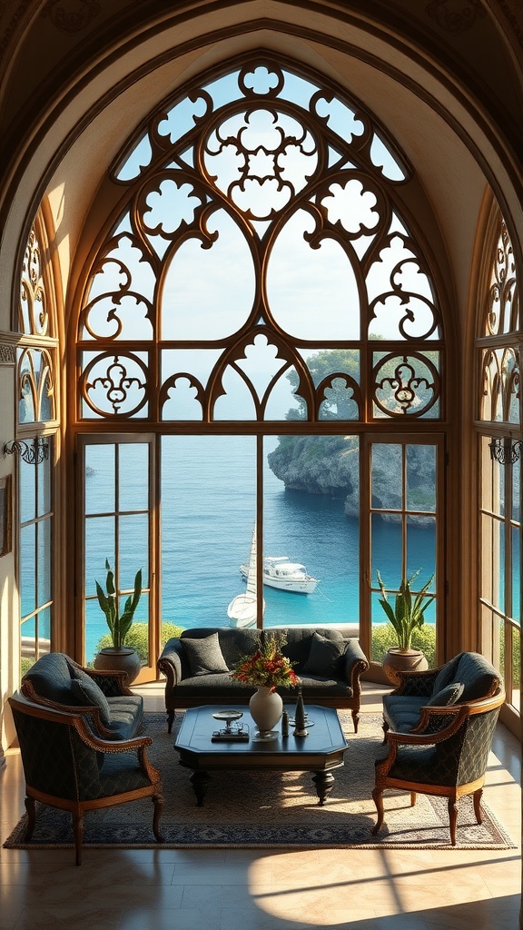 A living room with arched Gothic-style windows overlooking the sea, featuring blue sofas and a coffee table.