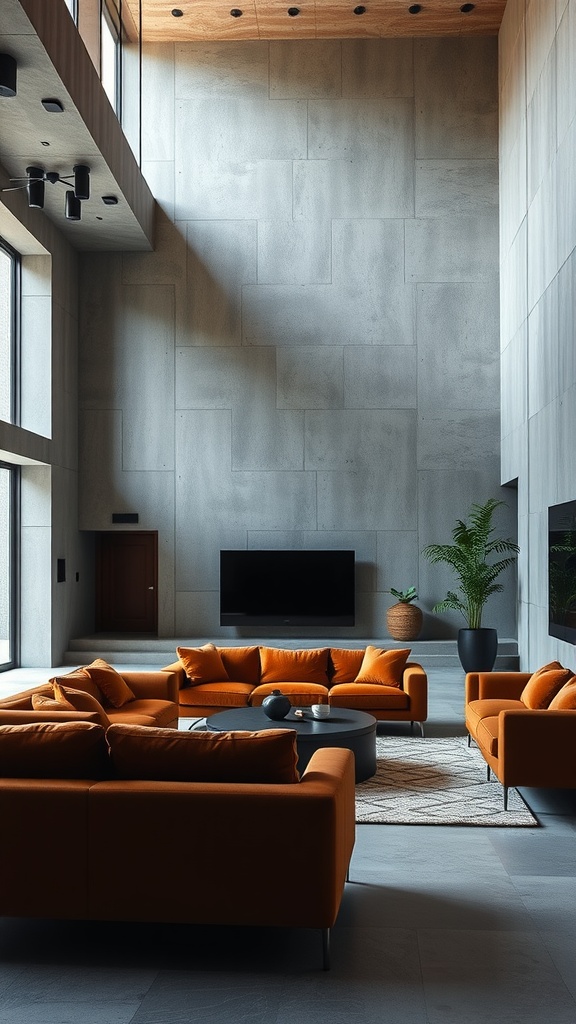Brutalist living room with concrete walls and orange velvet seating