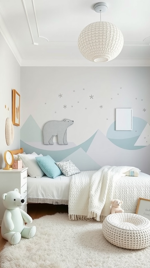 A boho-themed kids' bedroom featuring polar bear wall art, soft bedding, and a cozy rug.