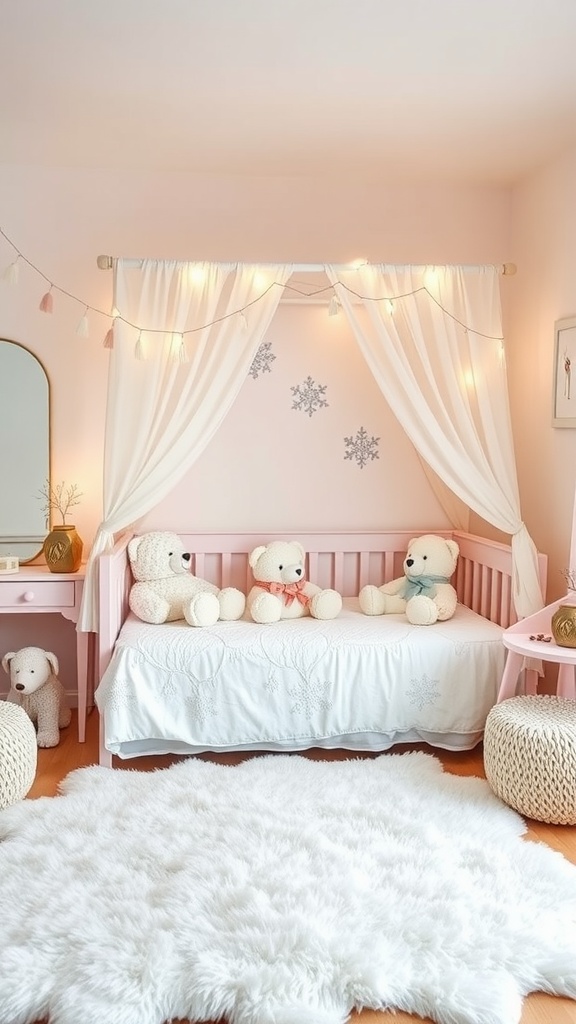 A cozy boho-style toddler bedroom featuring a pink bed, teddy bears, fairy lights, and a fluffy white rug.