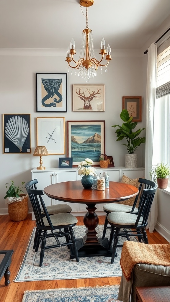 Cozy living dining room combo featuring a round table, black chairs, wall art, and a plant.