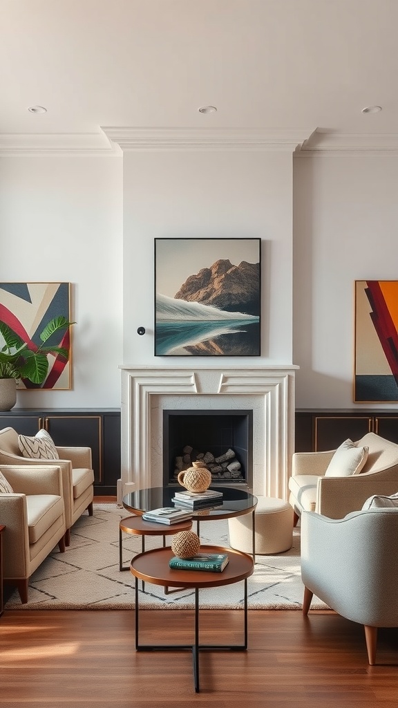 A modern living room featuring an Art Deco-inspired fireplace with stylish armchairs and colorful artwork.