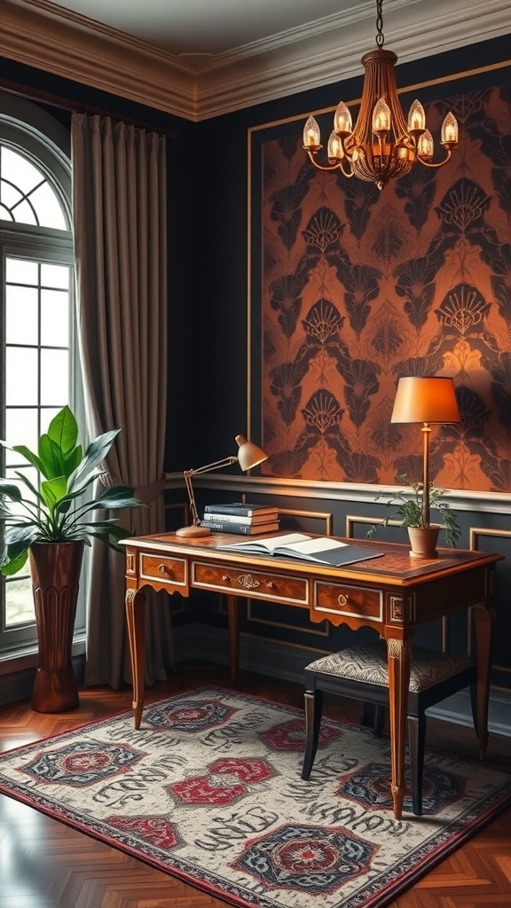 Art Deco-inspired home office setup featuring a wooden desk, stylish lamp, patterned wallpaper, and a potted plant.