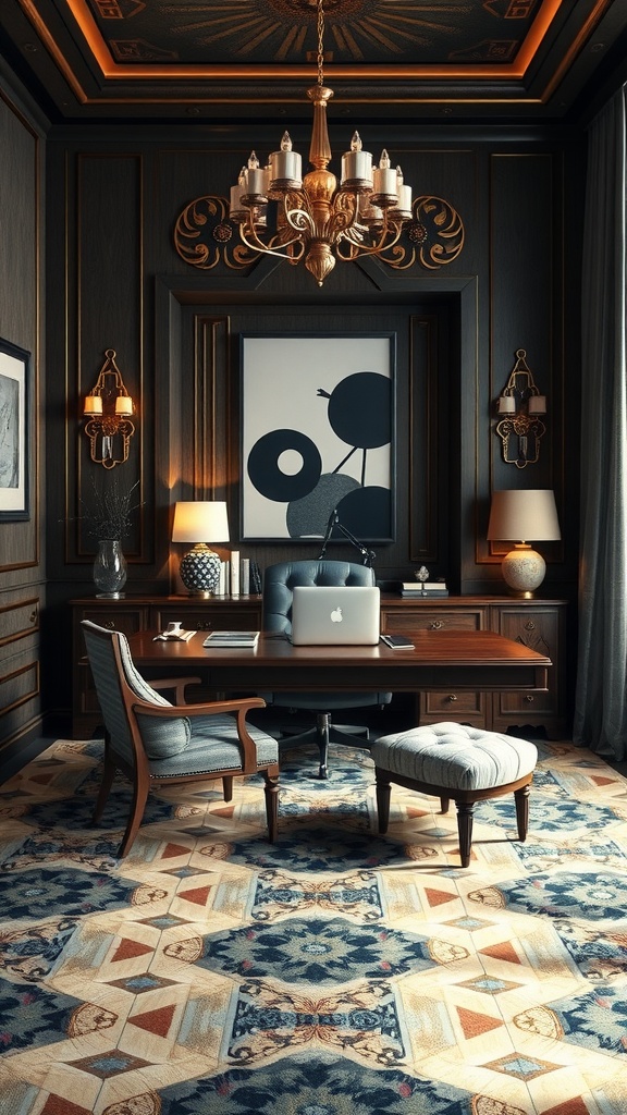 A sophisticated home office featuring Art Deco style with geometric patterns, a wooden desk, plush seating, and elegant lighting.