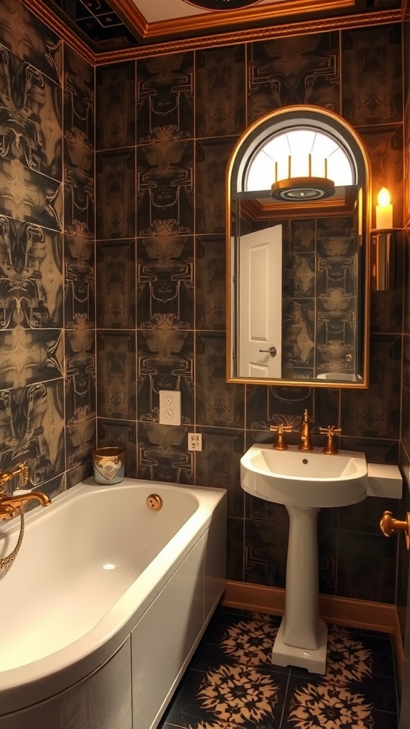 A luxurious Art Deco style bathroom featuring dark patterned walls, a golden accent mirror, and a classic pedestal sink.