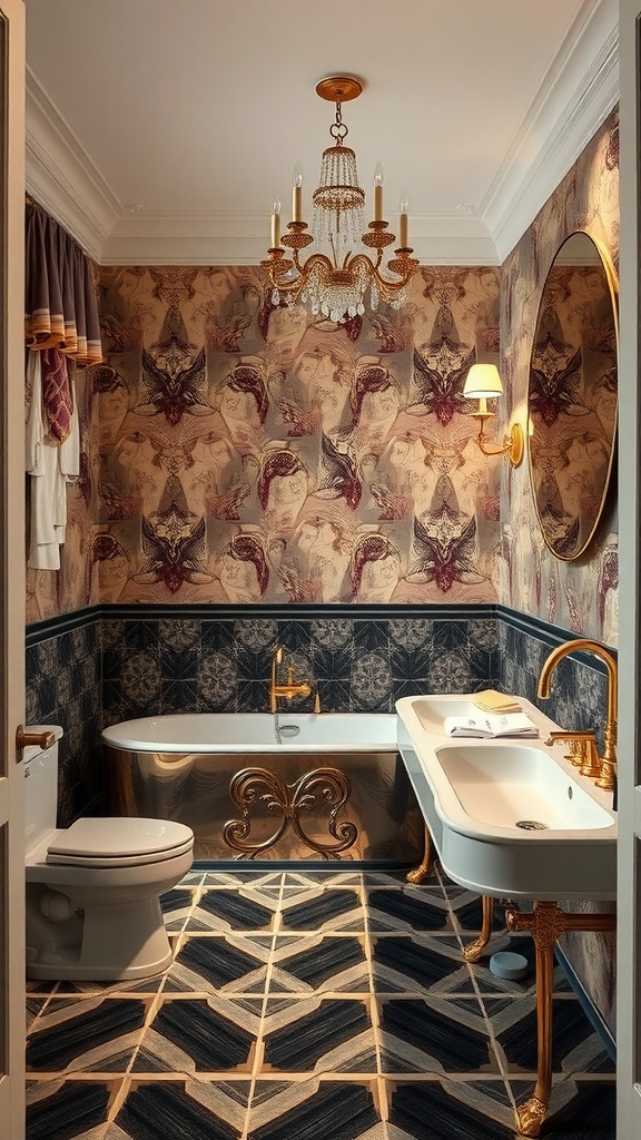 Art Deco style bathroom with intricate wallpaper, chandelier, and luxurious textures