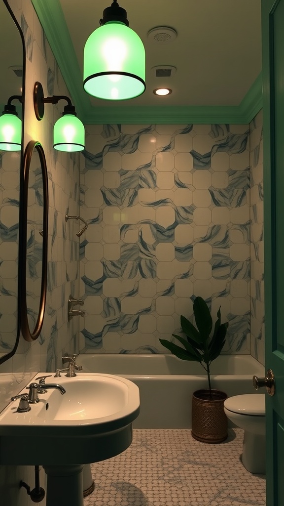 Art Deco style green lighting fixtures in a bathroom setting