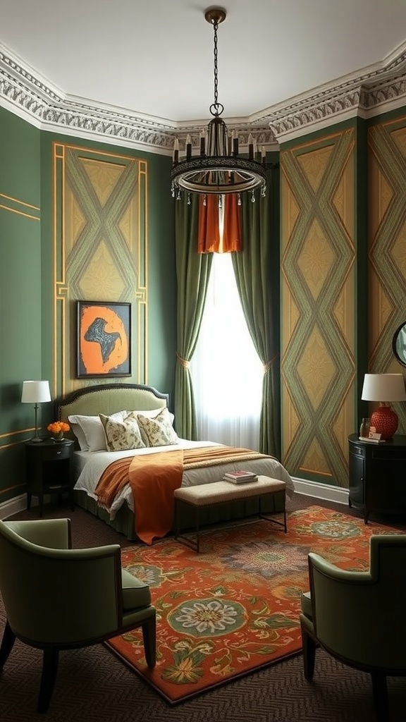 Art Deco inspired bedroom featuring green walls, terracotta accents, and elegant decor.