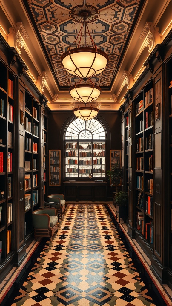 Art Deco library interior with ornate ceiling, elegant lighting, and bookshelves