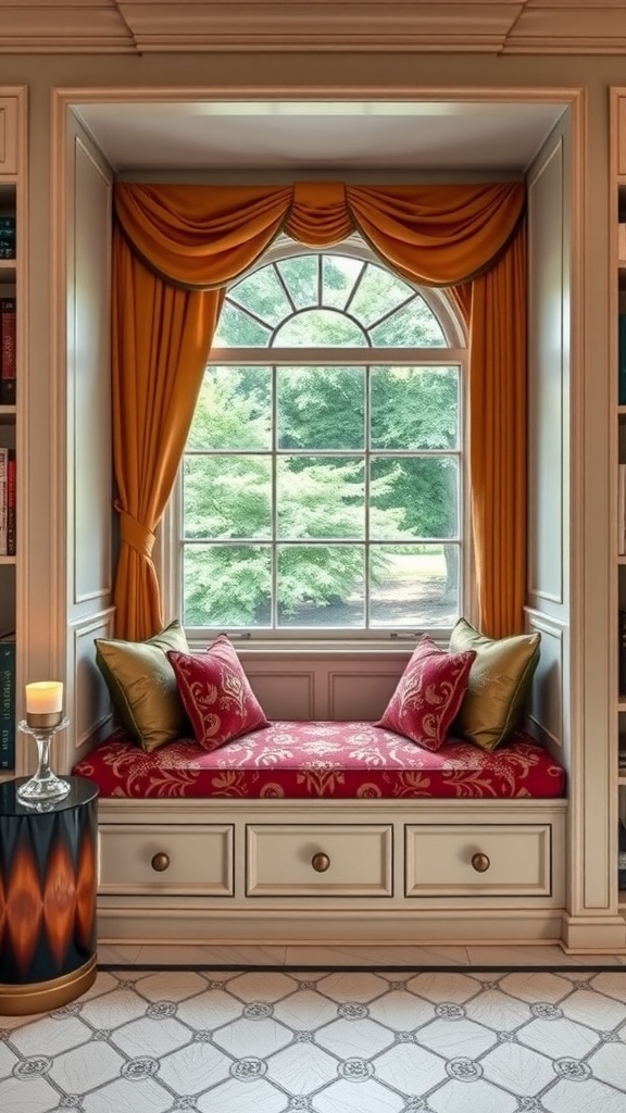 Art Deco library featuring a glamorous window seat with red cushions and orange drapes.