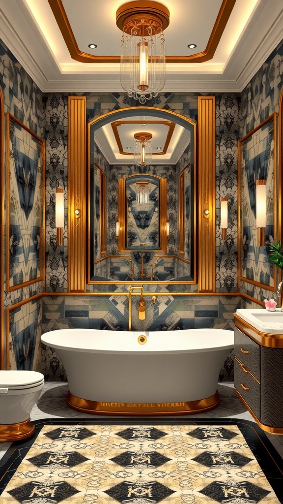 A luxurious Art Deco bathroom featuring a freestanding tub, gold accents, and intricate wall designs.
