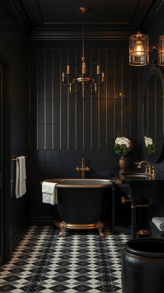 A stylish black bathroom with Art Deco elements, featuring a freestanding tub, patterned floor, and elegant lighting.