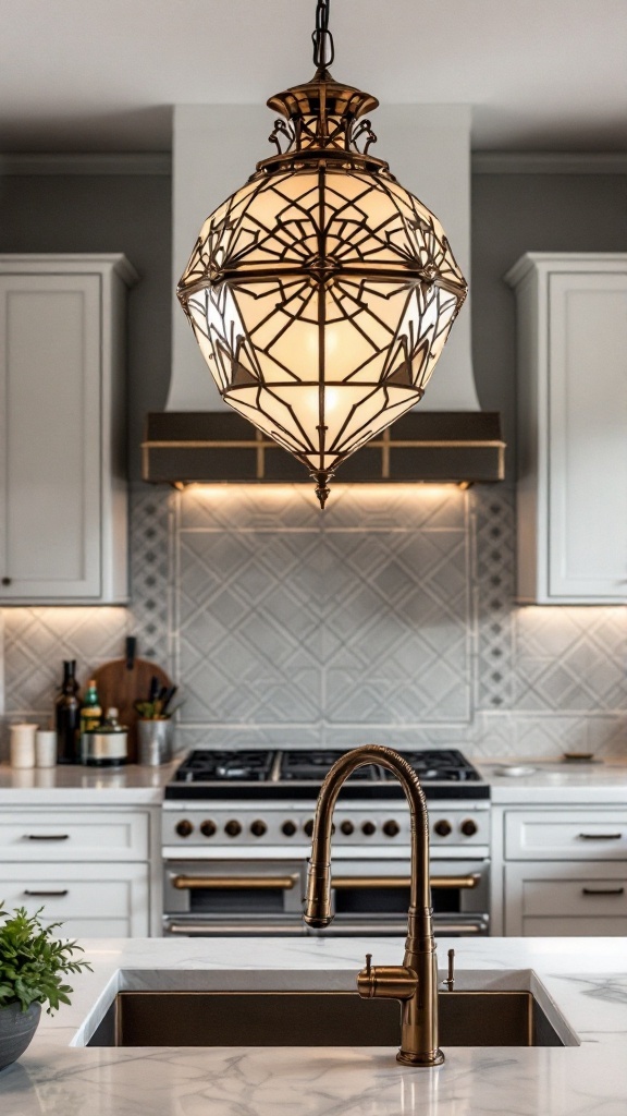 Art Deco pendant light hanging above a modern kitchen sink