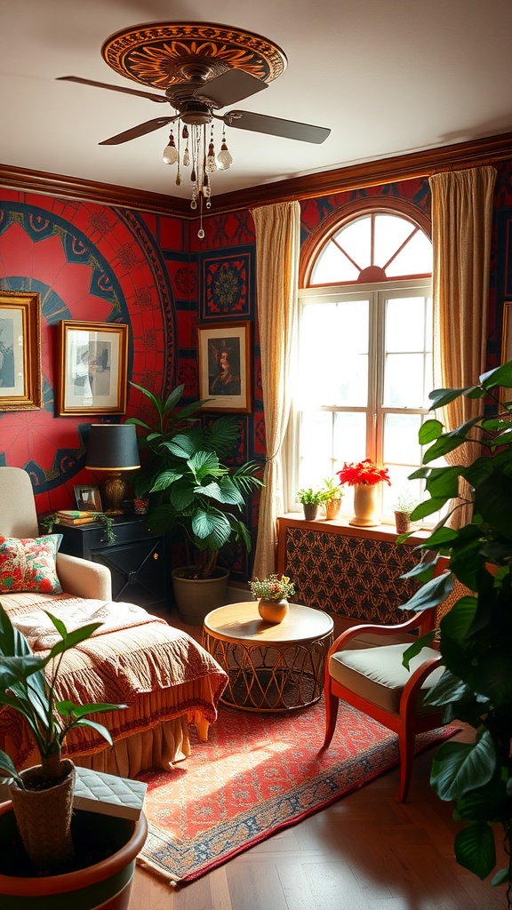 A cozy bedroom featuring Art Deco revival style with rich red walls, framed art, and lush plants.