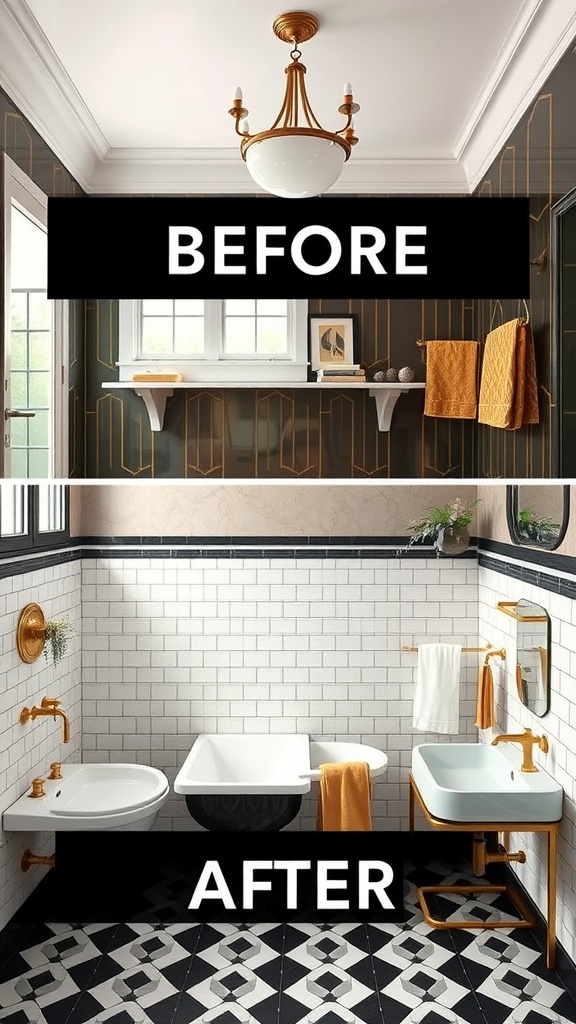 Before and after bathroom makeover showcasing an Art Deco revival style.