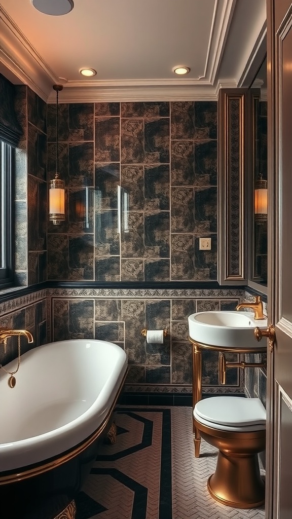 A beautifully designed vintage bathroom showcasing Art Deco style with black and gold accents, ornate fixtures, a freestanding tub, and patterned tiles.