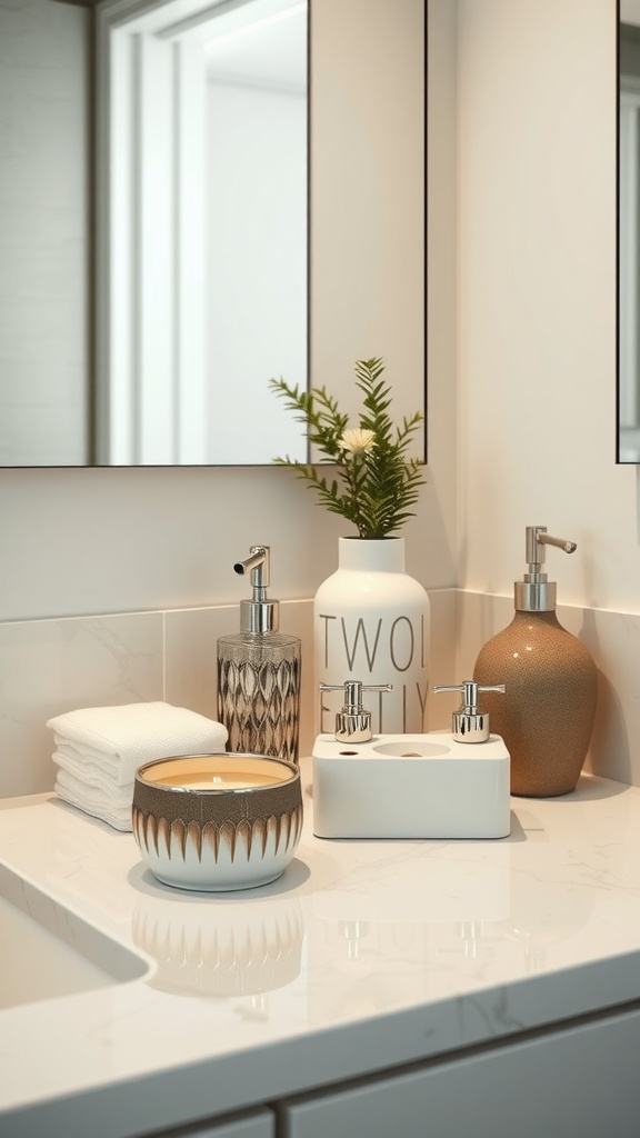 A stylish bathroom countertop featuring decorative accessories, including candles and a plant.