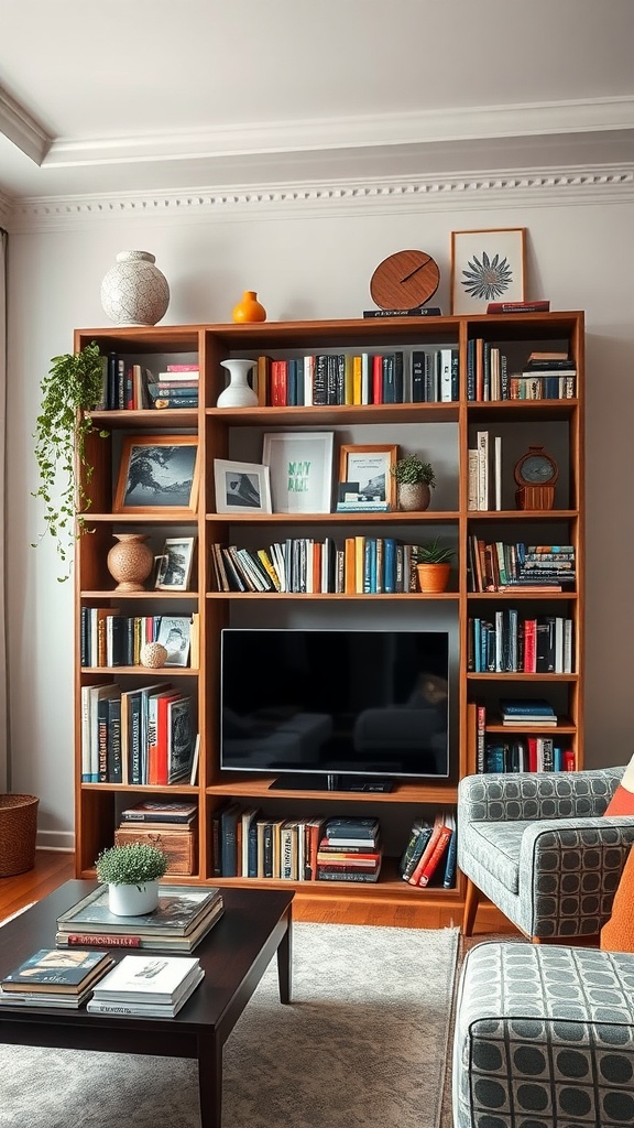 A wooden bookshelf filled with books, plants, and decorative items in a stylish living room.