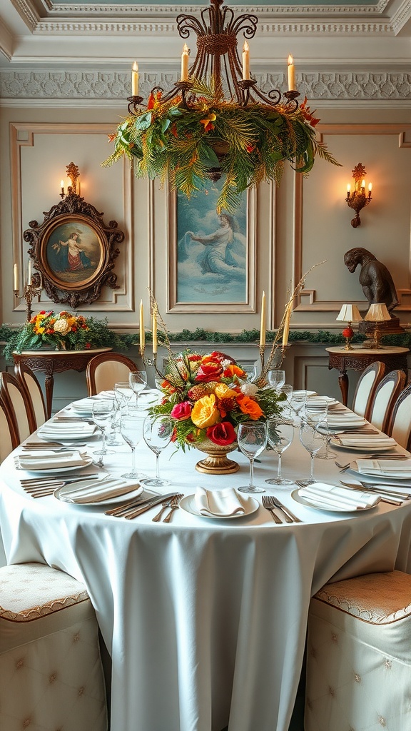 Luxurious Italian dining room with a floral centerpiece and elegant decor