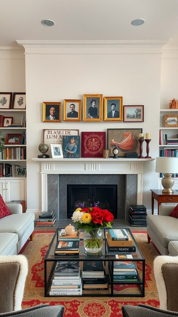 A cozy living room showcasing a mix of books and artful collectibles with a dark palette.