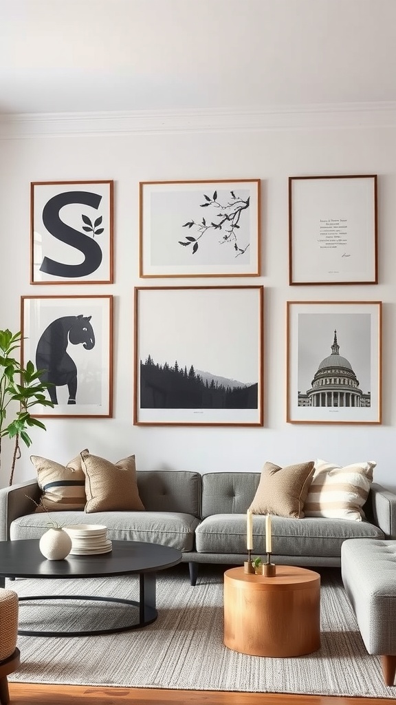 Minimalist artwork displayed on a living room statement wall, featuring a variety of prints in black and white, framed in warm wood.