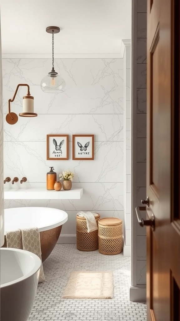 A modern bathroom with a copper bathtub, warm wood accents, and stylish art displays, blending Japandi and contemporary design.