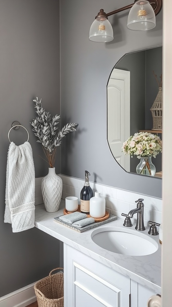 A stylish gray and white bathroom featuring a sink with candles and decorative items.