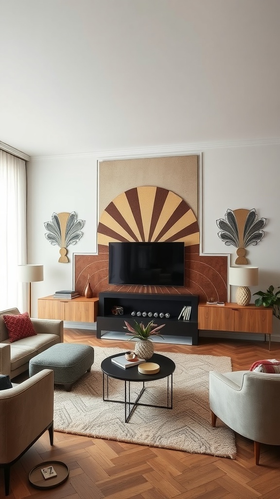 A stylish living room with Art Deco wall treatments and contemporary furniture.