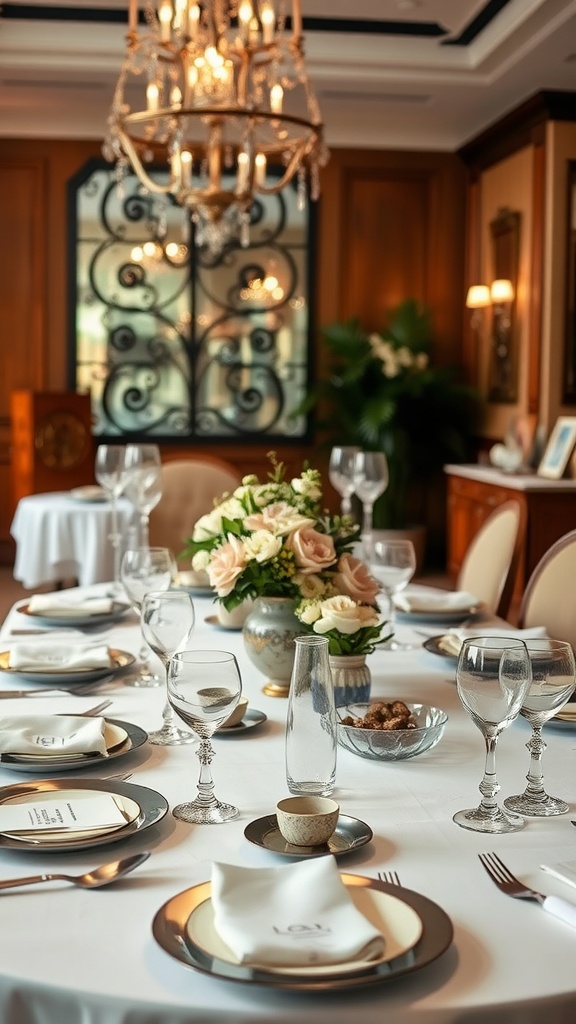 A luxurious dining table set with fine china and elegant glassware, featuring a floral centerpiece and a chandelier above.