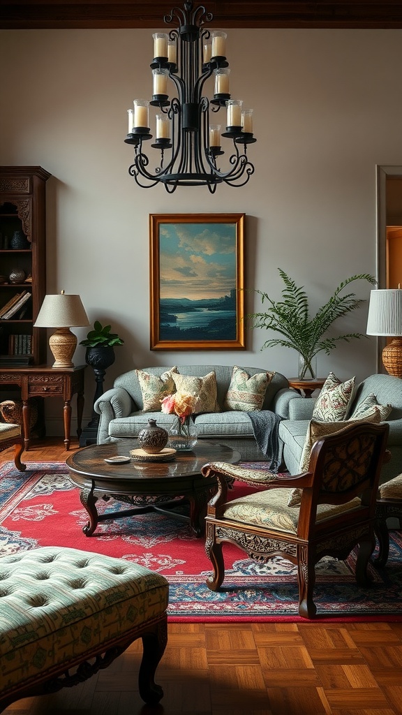 An old-world aesthetic living room featuring artisan-crafted furniture, a chandelier, and a cozy arrangement.