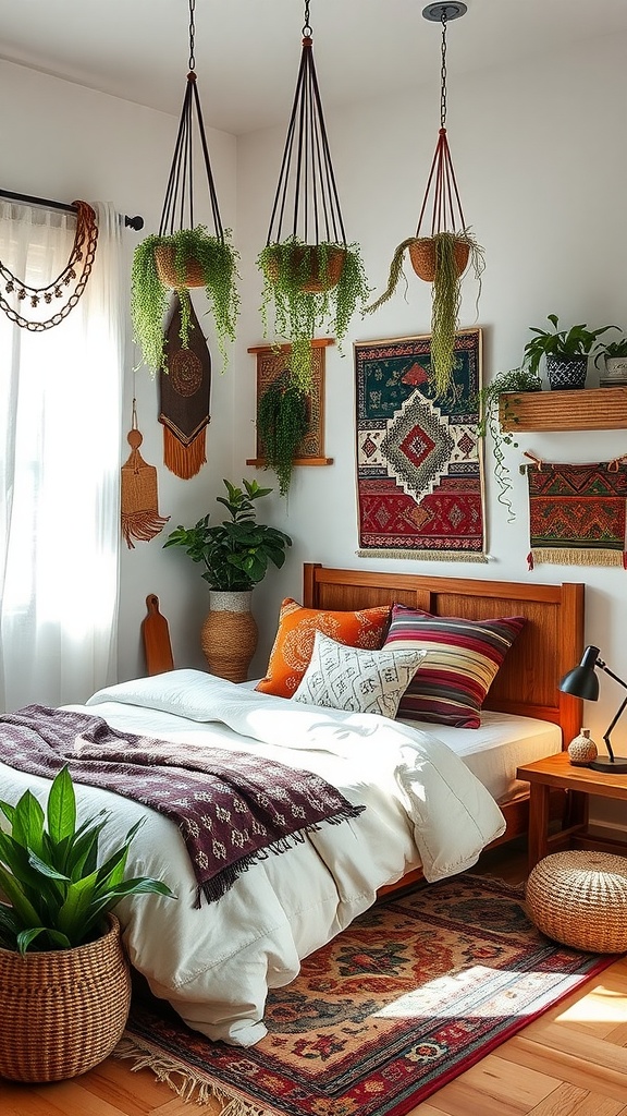 A cozy boho bedroom with plants, vibrant textiles, and a wooden bed.