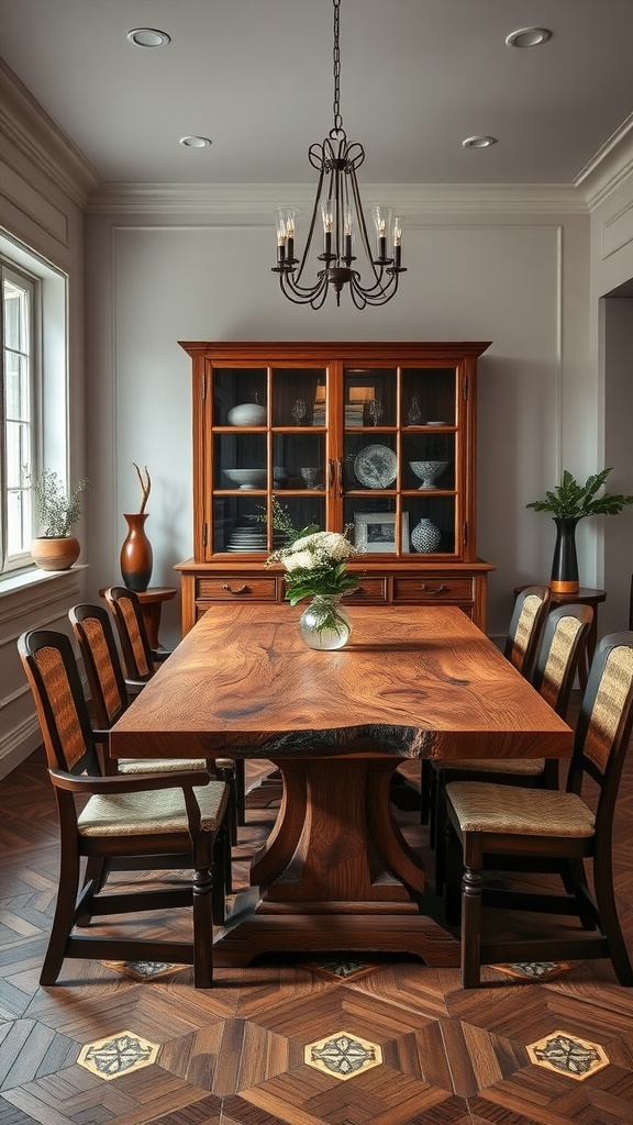 Luxurious Italian dining room featuring an artisan crafted wooden table and stylish chairs.