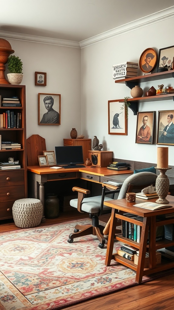 Cozy fall home office with wooden furniture, artwork, and plants.