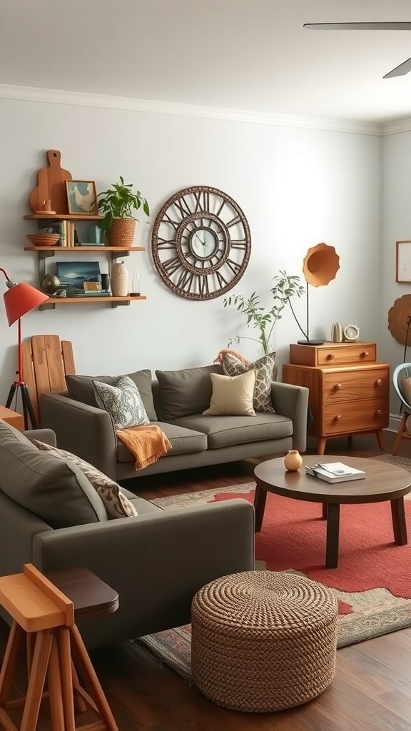 A cozy living room featuring two gray sofas, a round wooden coffee table, and warm decor elements.