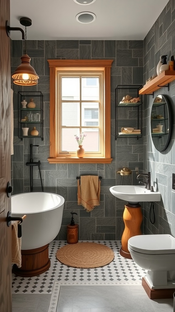 Stylish bathroom featuring artisan fixtures with a blend of wooden elements and unique ceramic sink.