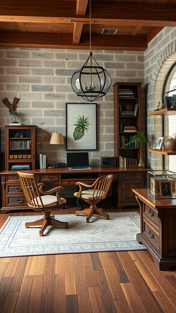 A masculine home office featuring custom wooden furniture, warm wood tones, and a cozy ambiance.