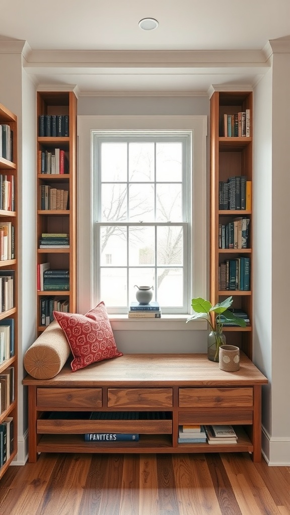 A cozy artisan library with a custom-made window bench, surrounded by wooden shelves filled with books.