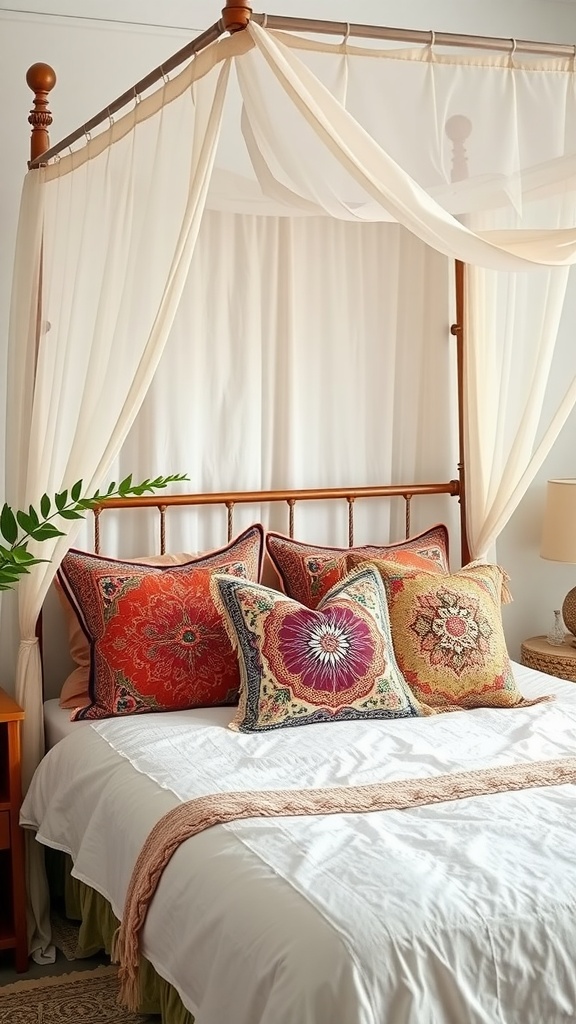 Artisan pillows on a canopy bed in a Boho-style bedroom