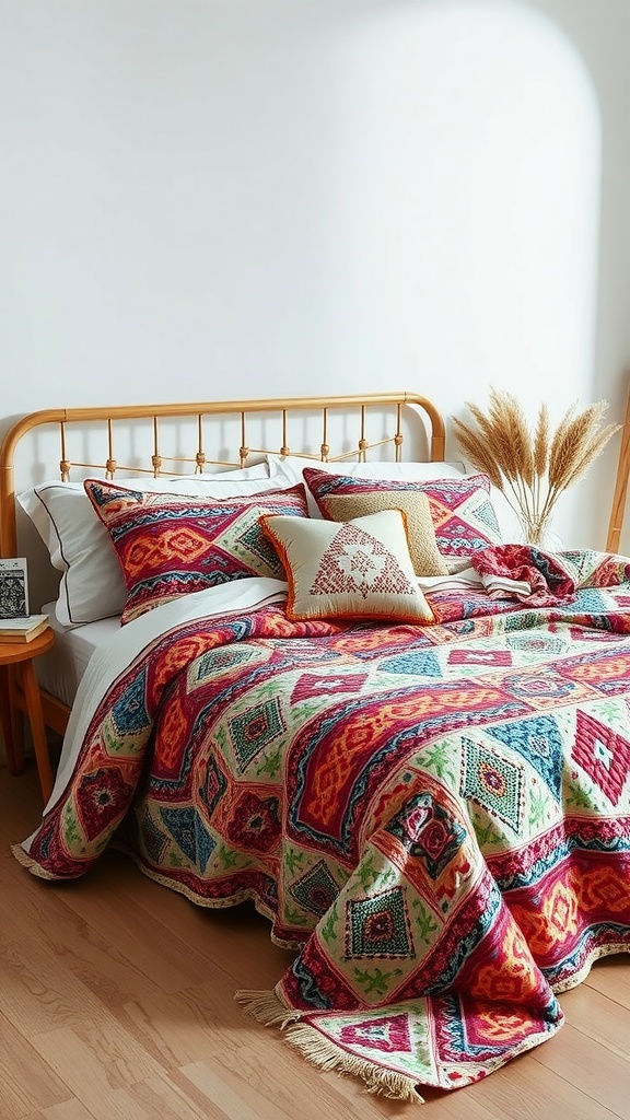 Boho bedding set featuring a vibrant, artisan quilt on a bed with decorative pillows and natural decor