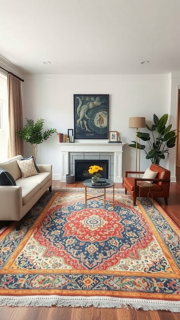 A living room featuring an artisan rug with intricate patterns, complemented by a neutral sofa and an accent chair.