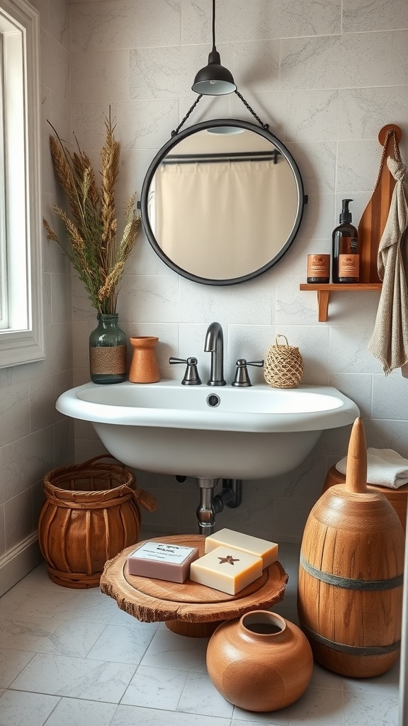 A boho bathroom featuring artisan soap and natural accessories, including a round mirror and wooden decor.