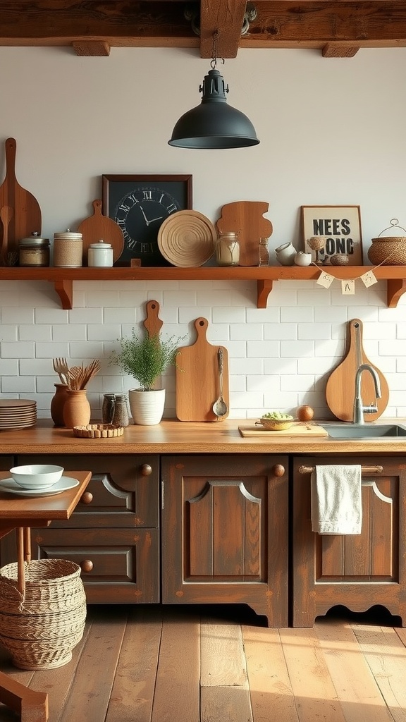 A rustic modern kitchen featuring wooden cabinets, cutting boards, and a cozy ambiance.