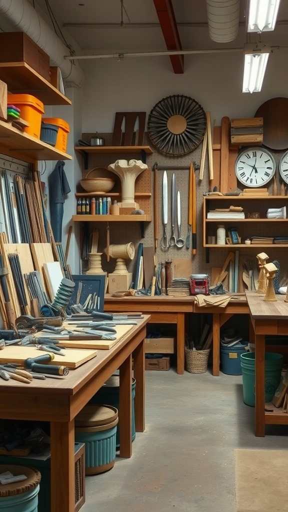 An artisan workshop filled with crafting tools, organized shelves, and wooden work tables.