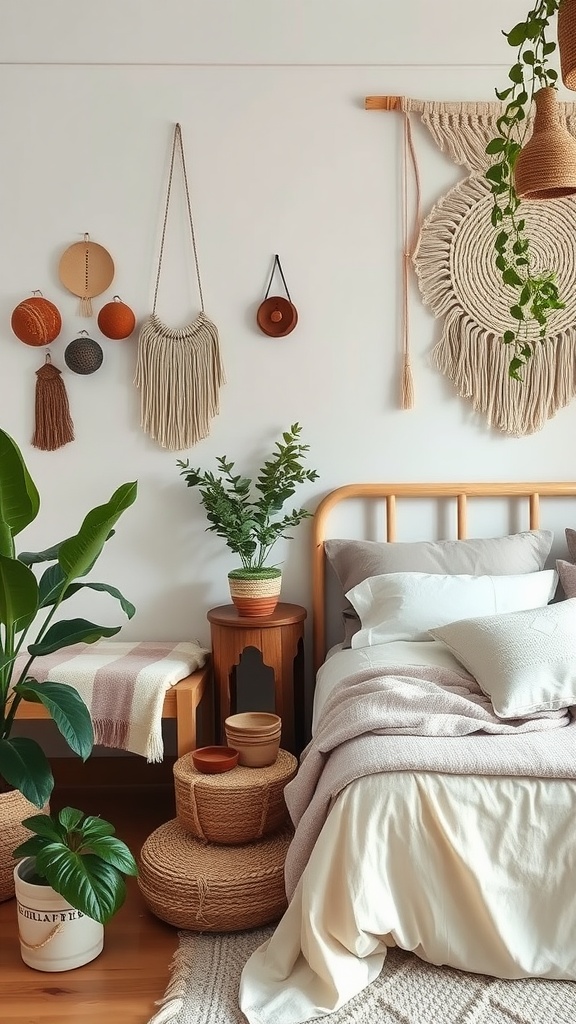 Cozy Scandi Boho bedroom featuring artisanal accents like woven wall hangings and plants.