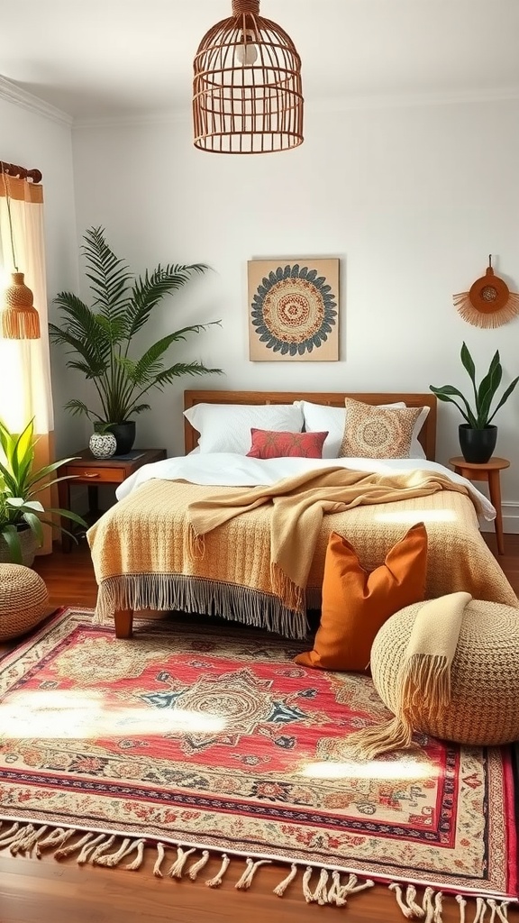 A cozy bedroom featuring a vibrant Boho style rug, a wooden bed with layered textiles, and natural decor elements.