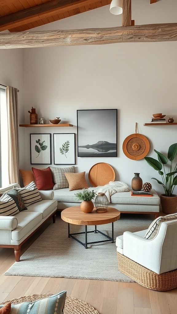 A modern living room with rustic accents, featuring a comfortable sofa, wooden coffee table, and decorative plants.